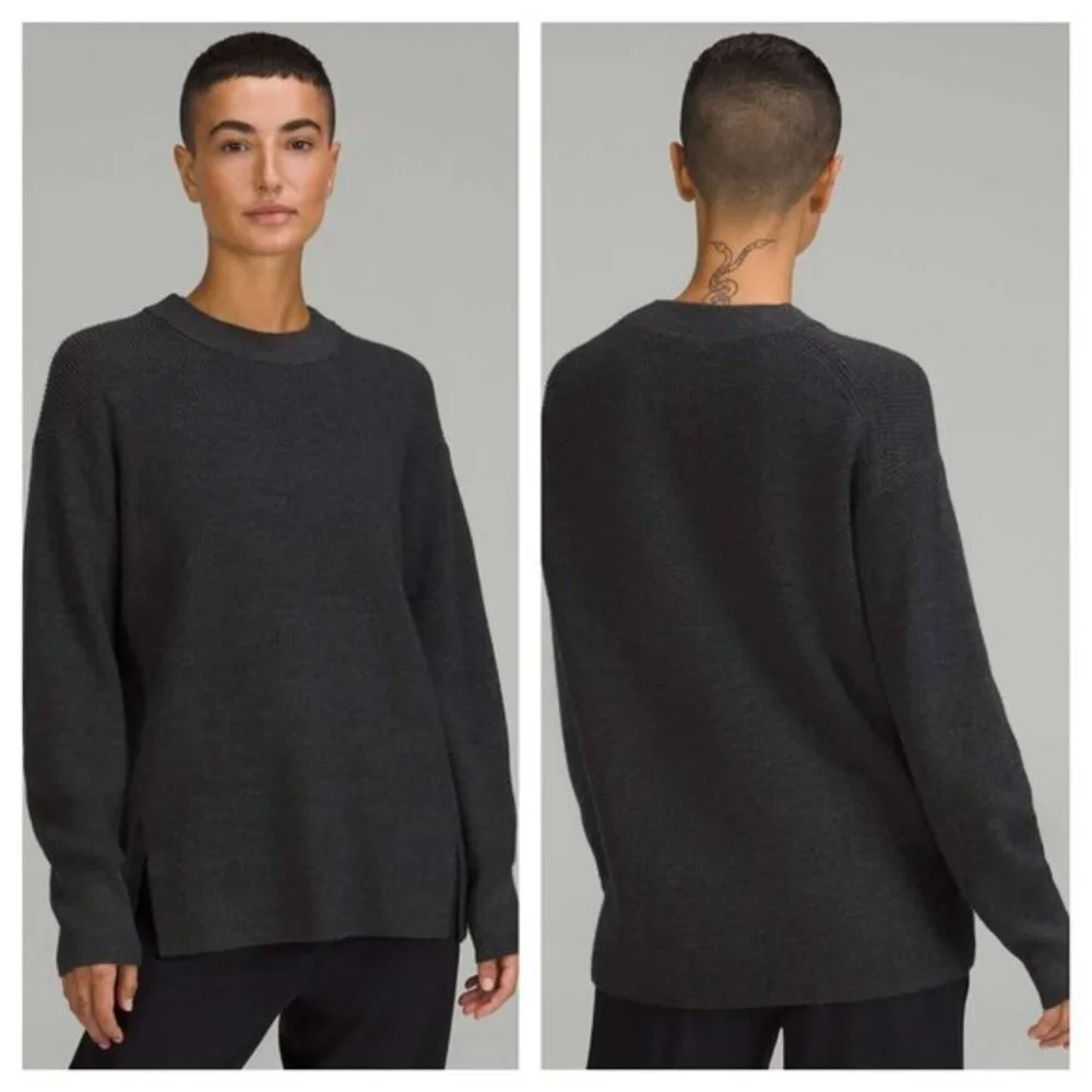 Lululemon Merino Wool-Blend Ribbed Crewneck Sweater 8 Heathered Black